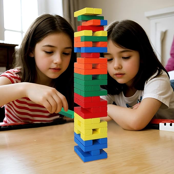 GOTHINK Wooden Blocks Stacking Game with Storage Box, 60PCS Toppling Colorful Tower Building Blocks Balancing Puzzles Montessori Toys Learning Sorting Family Games Educational Toys Gifts for Kids