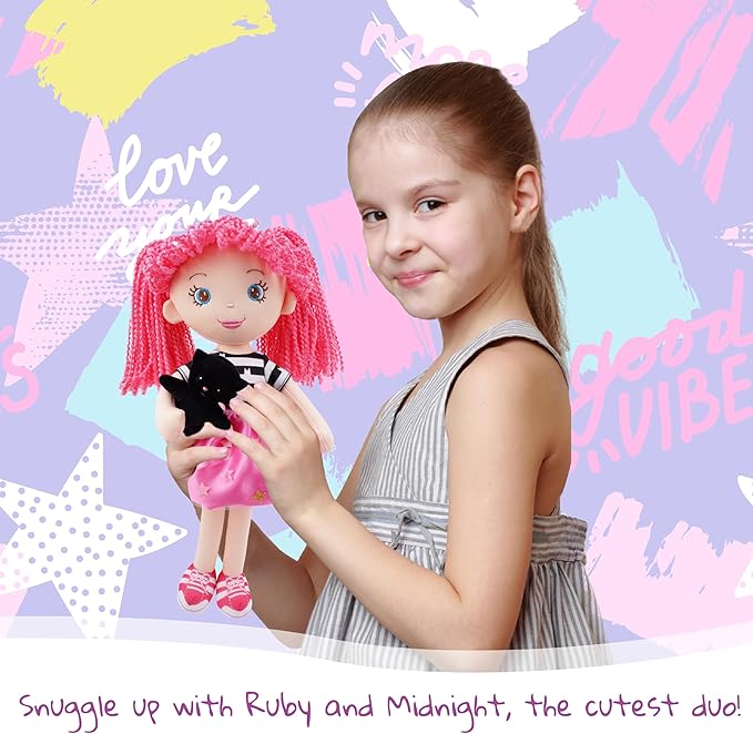 June Garden 15" Playmate Buddies - Plush Doll Mia with Her Stuffed Animal Companion Flamingo Rosie for Kids 1 Year and Up
