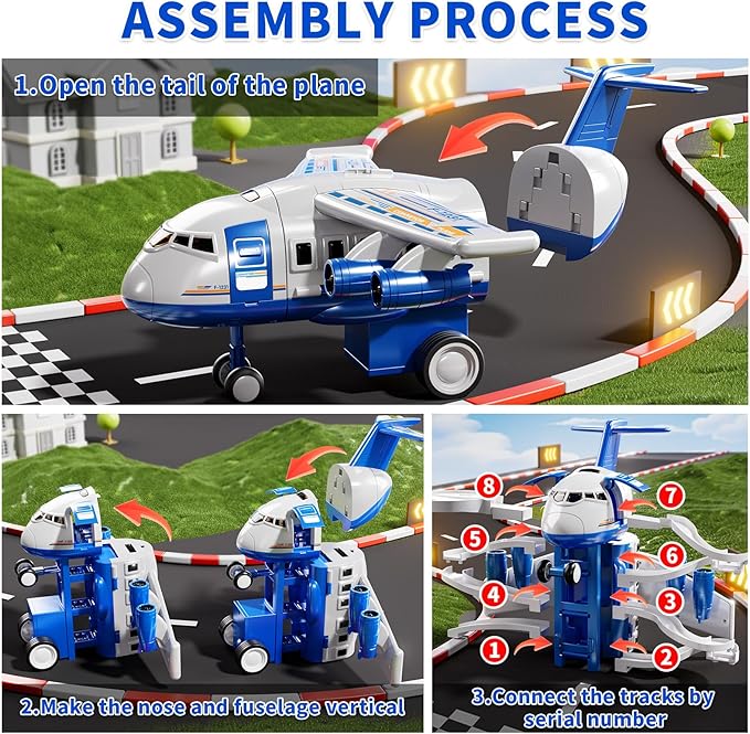 Airplane Toys for Toddlers 2-4 - Boy Toy Car Race Tracks for Kids Ages 3-5 with 8 Small Car Toys, Toddlers Educational Toy, Birthday Gifts for Boys 3-5