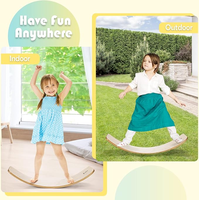Goplus Wobble Board, 35Inch Wooden Balance Board for Kids & Adults Support 660LBS, Toddler Open-Ended Learning Toy Yoga Curvy Rocker Board for Balance Training, Home Exercise (12 INCH Width)