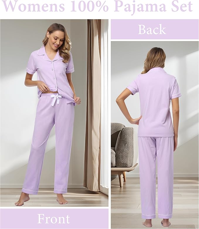CF Womens 100% Cotton Pajamas Set Button Down Pjs Sets Short Sleeve Top & Long Pants Sleepwear Comfy Loungewear with Pockets