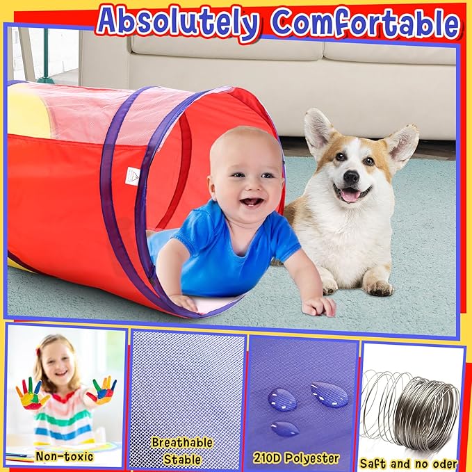 4 Pcs Multicolored Play Tunnel for Kids Crawl and Explore Tent 6ft Pop up Baby Crawl Play Tunnel with See Through Mesh Sides for Toddler Indoor Outdoor Crawling Game