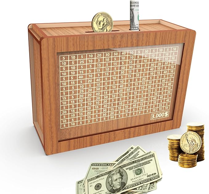 Piggy Bank for Adults Kids, Wooden Coin Bank for Boys and Girls, Cash Vault Money Saving Box with Counter $3000 Savings Challenge Money Box with Money Target and Numbers (Brown, $3000)