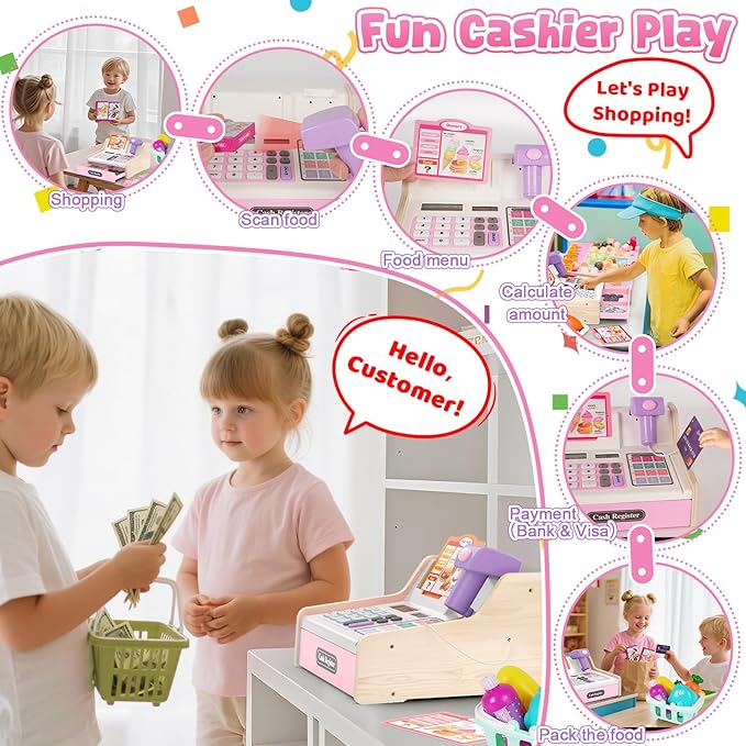 Wooden Cash Register for Kids, Rechargeable Kids Cash Register with Scanner, Pretend Play Cash Register Toy with Fake Money, Food, Credit Card, Toddler Boys Girls Age 2-4 4-8, Pink