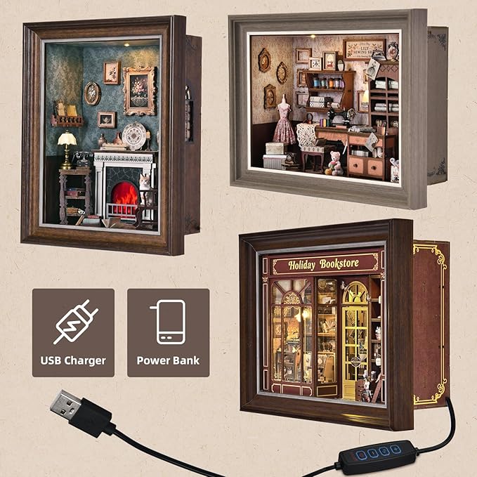 Book Nook Kit-3D Wooden Puzzle with LED Switch Control & Wall-Mountable Frame,DIY Miniature House for Beginners,Bookshelf/Tabletop/Wall Decor for Craft Lovers,Dollhouse Gift,Holiday Bookstore
