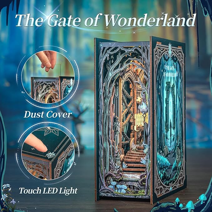 Fsolis Book Nook Kit, DIY Miniature Room House Kit 3D Wooden Puzzle Craft Kit for Adults Decorative Bookend Bookshelf Bookcase Nook Decor Gifts for Women Teens and Book Lovers (The Gate of Wonderland)