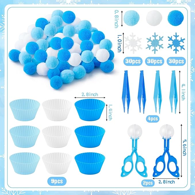 EZdhuawuse Winter Fine Motor Toys - 270Pcs Christmas Counting Sorting Sensory Bin Filler Set for Kids Winter Counting Toy with Felt Snowflakes Pom Poms Cup Clip for Preschool Education Activities