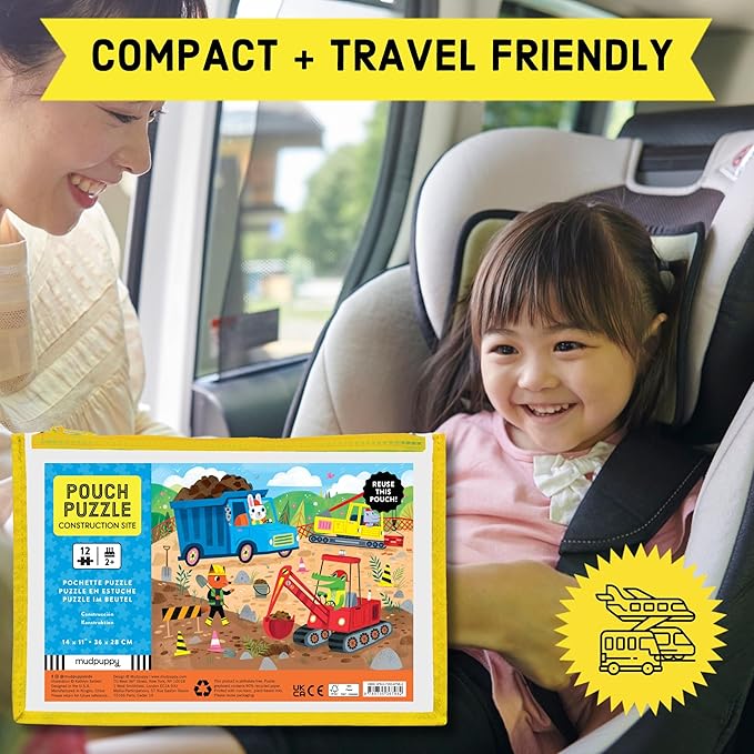 Mudpuppy Construction Site – 12 Piece Puzzle with Reusable Zipper Pouch Featuring Colorful and Fun Illustrations of Vehicles and Animals Workers Perfect for Easy Storage and Travel