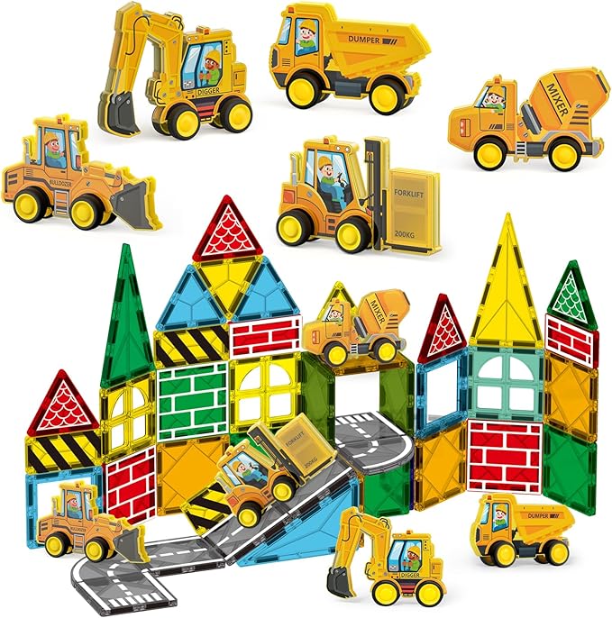 Oriate Magnetic Tiles Engineering Construction Vehicle Road Set,Kids Toys Games with Magnetic Blocks STEM Educational,City Sensory Magnet Tiles,Birthday Gifts for Kids ages 3+ Boys Girls Toys with Car