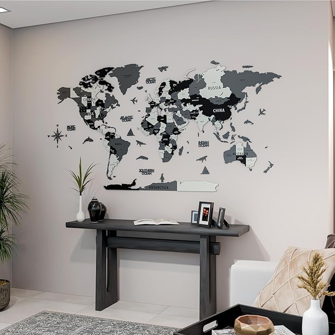 Colorfull Worlds 3D Wooden World Map Wall Art | Unique Wall Decor with Pins for Travel Enthusiasts | Home and Office Wall Décor | Grey | XLarge