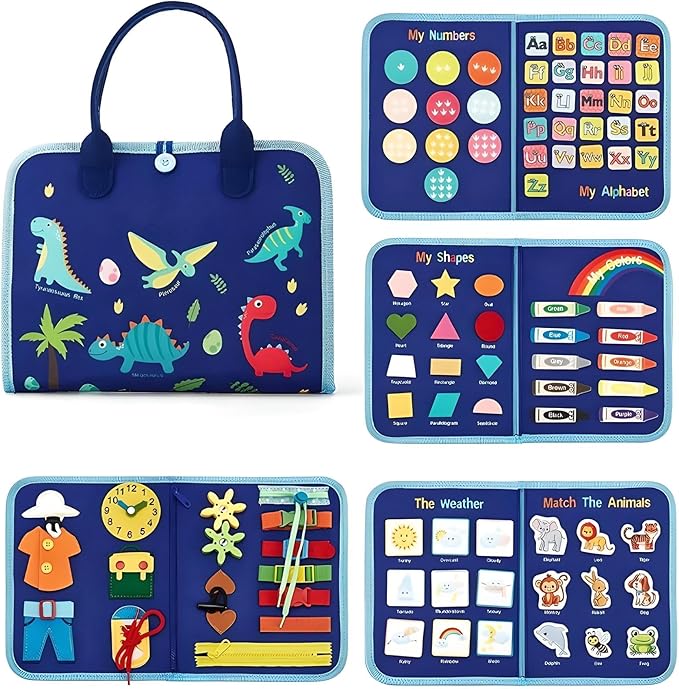 Montessori Busy Book I Toddler Busy Board I Travel Toys for Toddlers 2-4 Quiet Sensory Activity Board I Fine Motor Skills Learning Shapes Colors Animals I Gift Toys For Boys -8 Pg, Blue