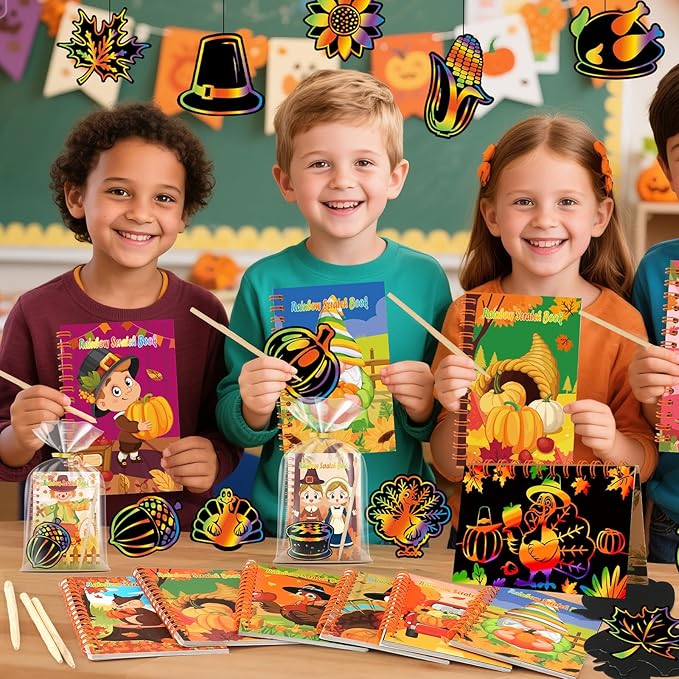 24 Pack Thanksgiving Scratch Art Party Favors for Kids - Rainbow Scratch Paper with Fall Party Scratch Off Cards Pumpkin Birthday Goodie Bag Stuffers - Return Gifts DIY Classroom Prize