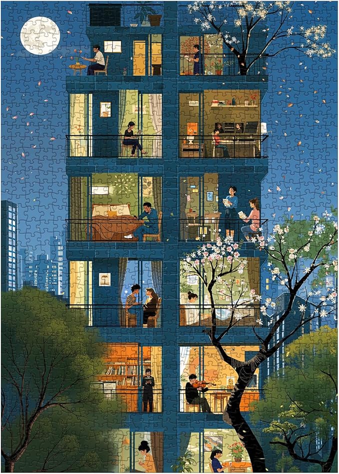 Cozy City Building Puzzle for Adults 1000 Piece, Relax Night Light Scenic Jigsaw Puzzle, Spring Cherry Blossom Tree Puzzle as Home Decor