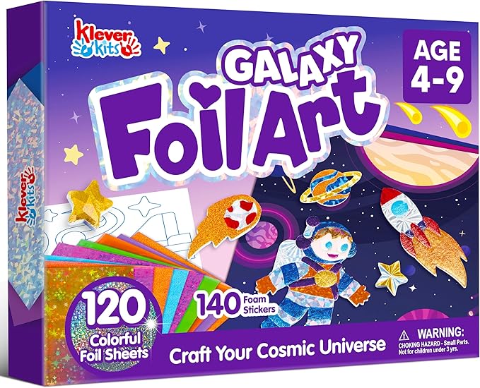 Klever Kits Outer Space Foil Art Kit for Kids - Arts & Crafts Supplies, Mess Free Coloring, Galaxy Foil Foam Stickers, Creative Travel Toys, Birthday Gifts for Boys & Girls Ages 4 and Up