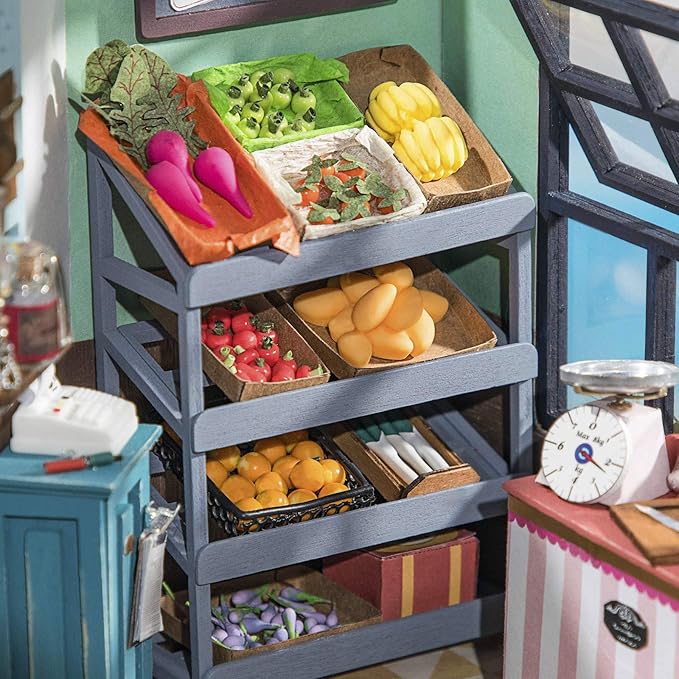 Rolife DIY Miniature House Kit Carl's Fruit Shop, Tiny House Kit for Adults to Build, Mini House Making Kit with Furniture, Halloween/Christmas Decorations/Gifts for Family Friends (Carl's Fruit Shop)