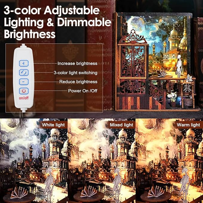 DIY Book Nook Kit, Miniature Bookshelf Decor with LED Lights, Laser-Cut Wooden Craft Set for Adults, Creative Gift for Christmas, Birthday, Magic Exploration