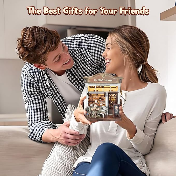 DIY Miniature House Kit, Coffee Shop Book Nook Kit, Mini Building Kit, Dollhouse Kit for Adults and Teens, 3D Wooden Puzzles with LED Light, Craft Kit for Family and Friends(Retro Coffee Shop)