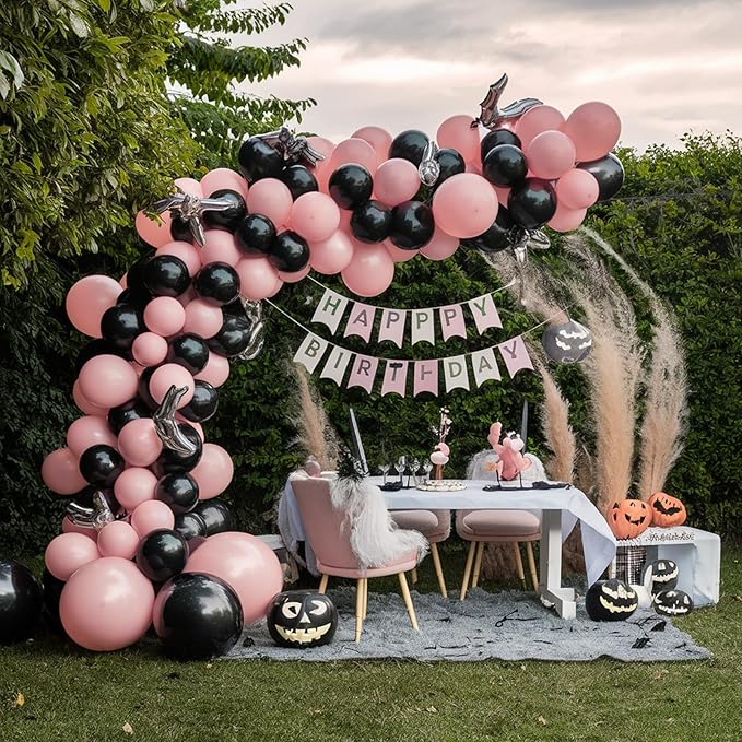 Pink and Black Balloons,12inch Pink Black Silver Halloween Balloons Bat Printed Party Balloons Pastel Pink Black Decoration for Boy Girls Halloween Themed Party Birthdays Holiday Party