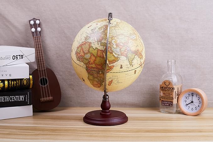 ANNOVA Antique Globe 10" / 25 cm Diameter with A Wood Base, Vintage Decorative Political Desktop World - Rotating Full Earth Geography Educational - Kids, Adults, School, Home, Office (Dia 10-inch)