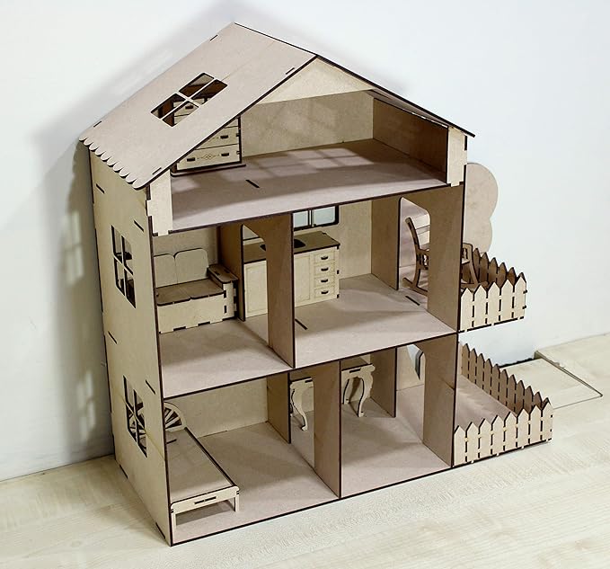 StonKraft Wooden 3D Puzzle Doll House - Home Decor, Construction Toy, Modeling Kit, School Project - Easy to Assemble (Doll House with Furniture)