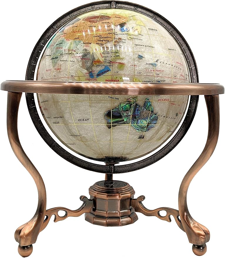 Limited Edition! Unique Art Since 1996 Pearl Swirl Table Top Gemstone World Globe with Tripod Vintage Copper Zinc Alloy Stand (220MM/9 INCHES/PEARL OCEAN/COPPER)