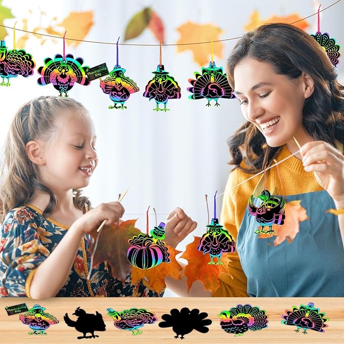 AUGSUN 96Pcs Thanksgiving Fall Crafts, Magic Rainbow Scratch Paper Art Cute Turkey Crafts Activity Gifts Autumn Harvest Thanksgiving Party Favors