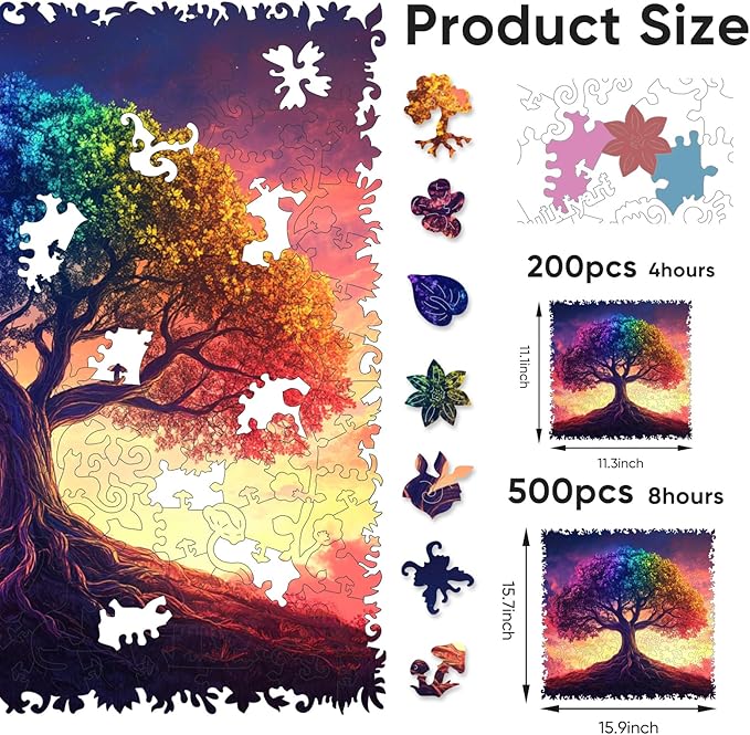 Ruikiyart Wooden Puzzles for Adults, 5MM 500 Pieces Color-Tree of Life Wooden Jigsaw Puzzles, Plant Unique Shaped Puzzle Gifts for Adults and Kids on Thanksgiving, Family Puzzle Games(15.9"*15.7")