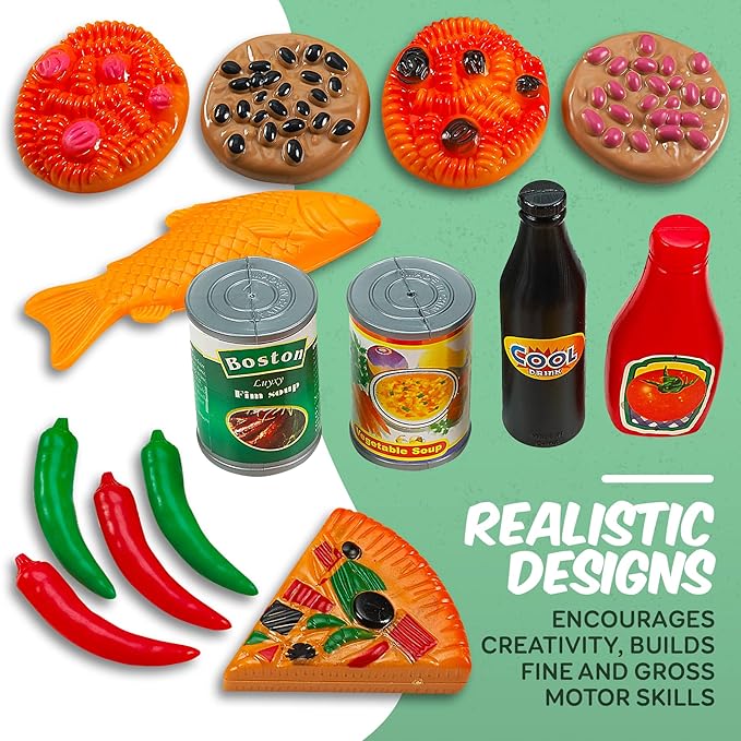 MEDca Kids Play Food Set - 130 Piece Pretend Play Collection - Assorted Fake Food Set Includes Fruits, Vegetables, Snacks, Dessert, Juices, Canned Goods and More for Boys and Girls