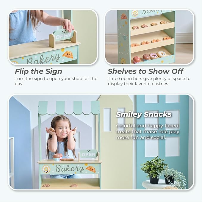 Teamson Kids Jolly Pals Wooden Bakery Market Stand Pretend Playset for Kids Ages 3+, Pastry Play Food Rotating Open/Close Sign, Hidden Storage Educational Role-Play, Pretend Play Wooden Market Stall