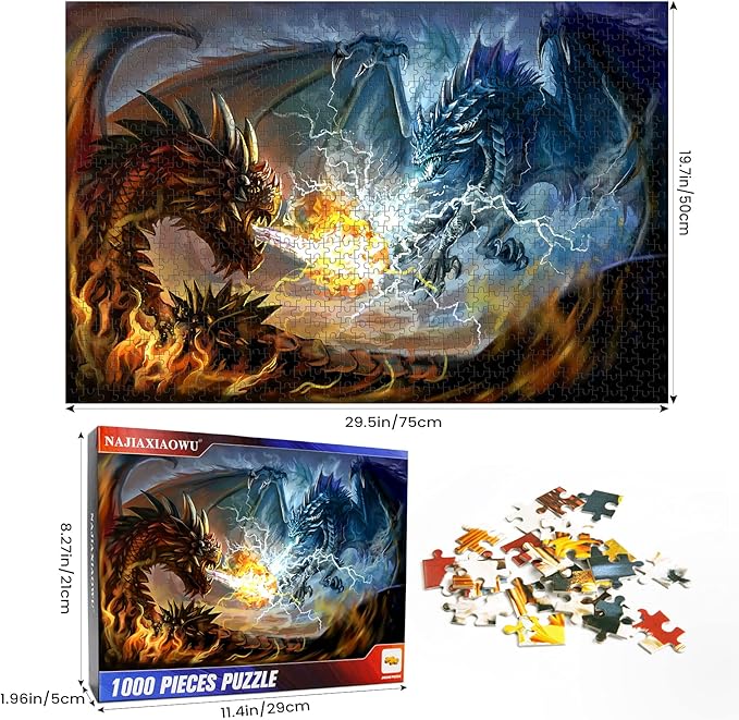 Puzzles for Adults 1000 Piece Jigsaw Puzzles Fire Dragon and Electric Dragon Fight Puzzle Game for Indoor Activity Family Game Toy Gifts (27.5"x 19.7")