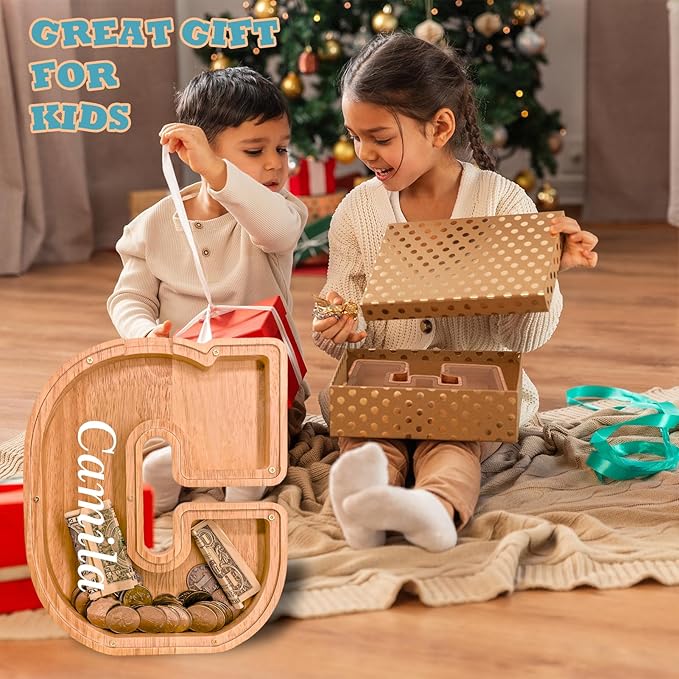 Wooden Letter Piggy Bank for Kids Larger Letter Piggy Bank for Boys and Girls Personalized Piggy Bank Initial Coin Bank Wood Kids Money Bank for Birthday and Festival
