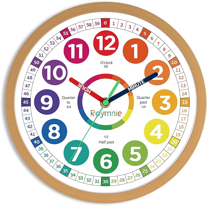 Roymnie12 Inch Wall Clock for Kids Learning to Tell Time Easily Analog Non Ticking Battery Operated Kids Teaching Clock Silent Colorful Teaching Time Clock Decorative for Kids Room Classroom School