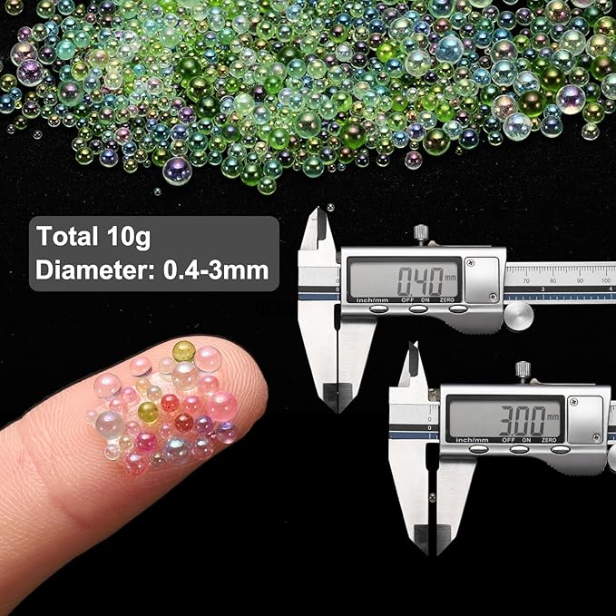 Iridescent Glass Tiny Bubble Beads, 0.4-3mm 10g No Hole Micro Mini Round Green Water Droplets Beads - Applications: for Resin Filler, Nail Art, Dollhouse Bath Tub