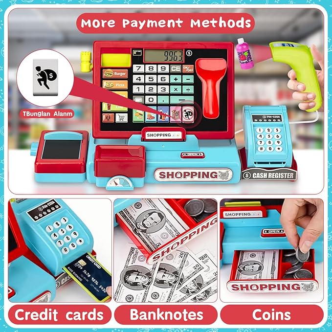 Cash Register Playset Toy for Kids, Real Calculator Register, Pretend Play Store with Music, Scanner, Play Money, Food, Preschool Learning Toy Playset Gift (Blue Red)