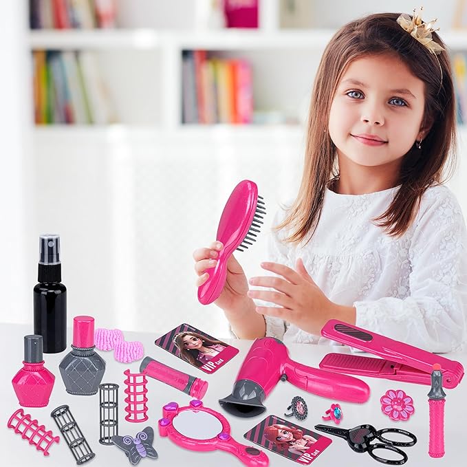 Beauty Hair Salon Playset, 22 Piece Hair Stylist Toy Kit with with Makeup Accessories & Hair Dryer, Pretend Play Set, Christmas & Birthday Gift for Girls