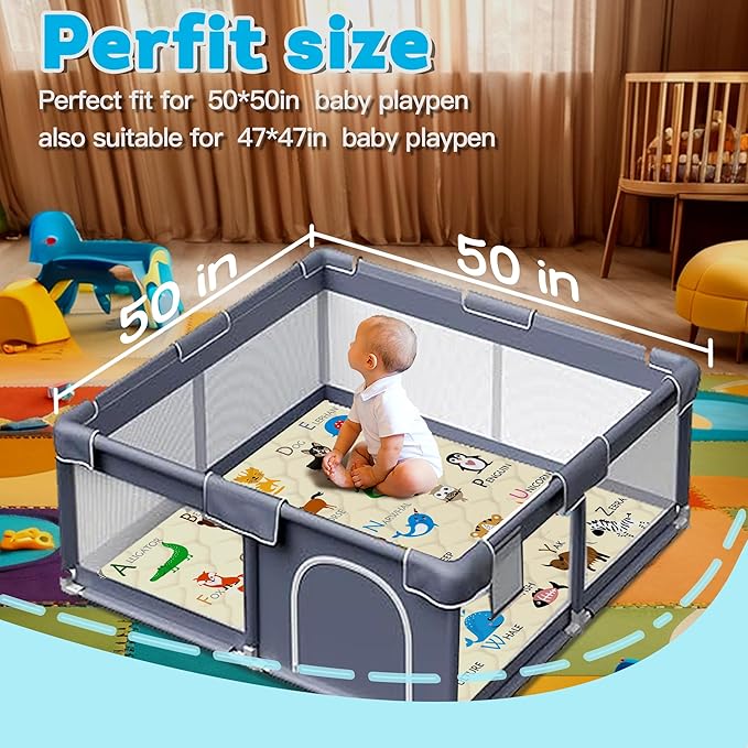 Baby Play Mat，Thick Soft 50" X 50" Playpen mat, Non-Slip and Machine Washable Baby Play Mats for Floor，Crawling Mat for Babies, Toddlers & Infants to Play and Learn (Beige Animal, 50" X 50")