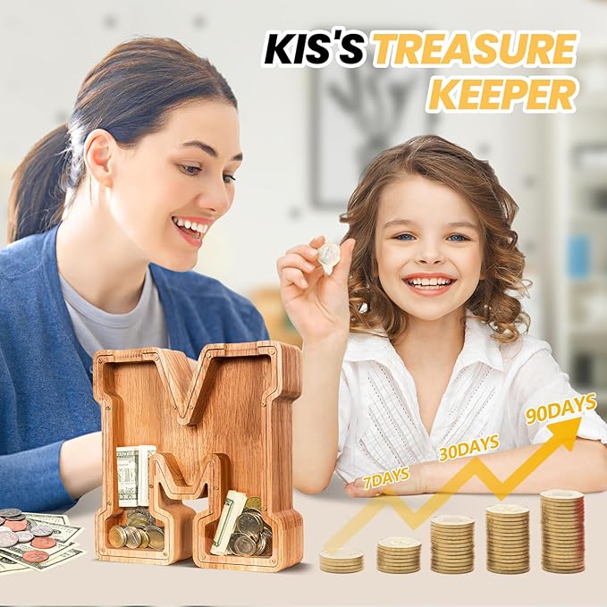 KMC Wooden Letter Piggy Bank, Personalized Initial Piggy Bank for Kids Boys, Clear Alphabet M Wood Money Box, Unbreakable Coin Saving Jar, Birthday, for Children