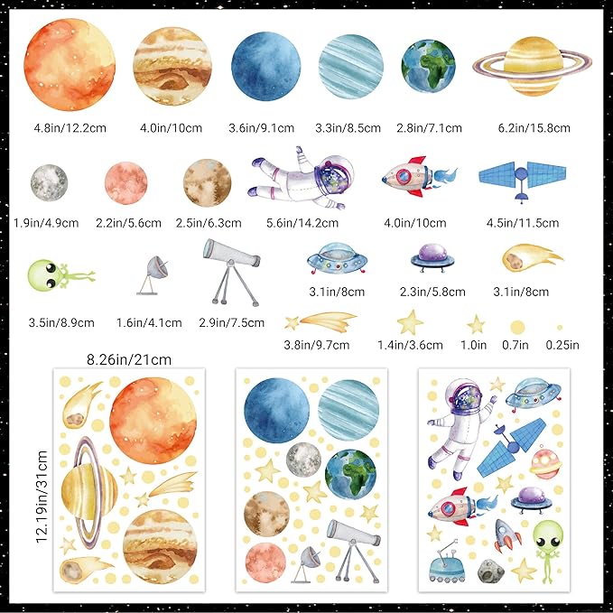 Watercolor Solar System Wall Decals, Glow in The Dark Stars, Kids Planets Sticker for Ceiling, Astronaut Wall Stickers for Bedroom, Green