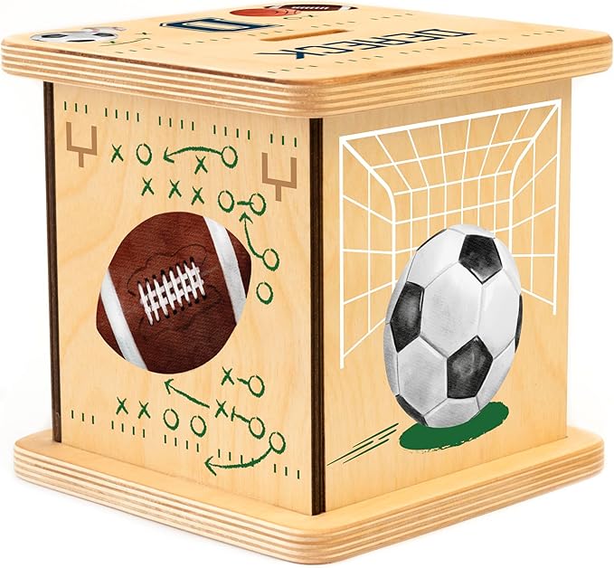 Wooden Piggy Bank for Kids and Adults, Personalized Gift Handmade in USA by BloomOwl, Custom Piggy Bank, Personalized Banks for Kids, Gifts for Baby Boys and Girls (Sports)