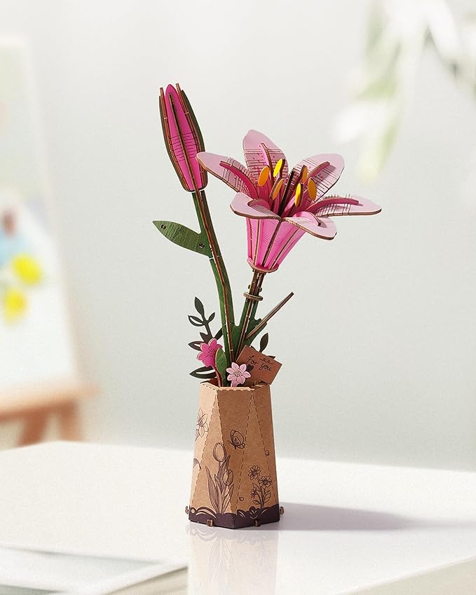 3D Flower Wooden Puzzles for Adults-Pink Lily, DIY Wooden Flowers Model Kit Building Set Crafts for Adults to Build, Botanical Collection/Ideal Creative Gift Ideas/Housewarming (73PCS)