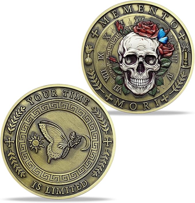 AtSKnSK Memento Mori Coin Momento Mori Coin Skull Coin Stoic Gifts Memento Mori Calendar Living Memento Mori Amor Fati Coin (Moth Rose Skull)