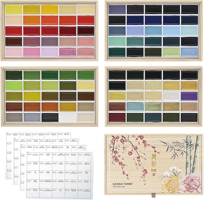 Kuretake GANSAI TAMBI Watercolor Paint Set 100 Colors with Wooden Box, Professional-quality art supplies for artists adult painting Non-Toxic, Made in Japan, MC20/100WD4