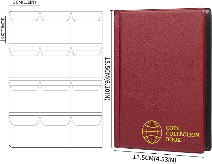 Coin Collection Album - Coin Holder Book Coin Storage Album Money Penny Pocket for Collectors CS01 (Red, Pocket Size 30x30mm/1.2x1.2 in[120 Pockets])