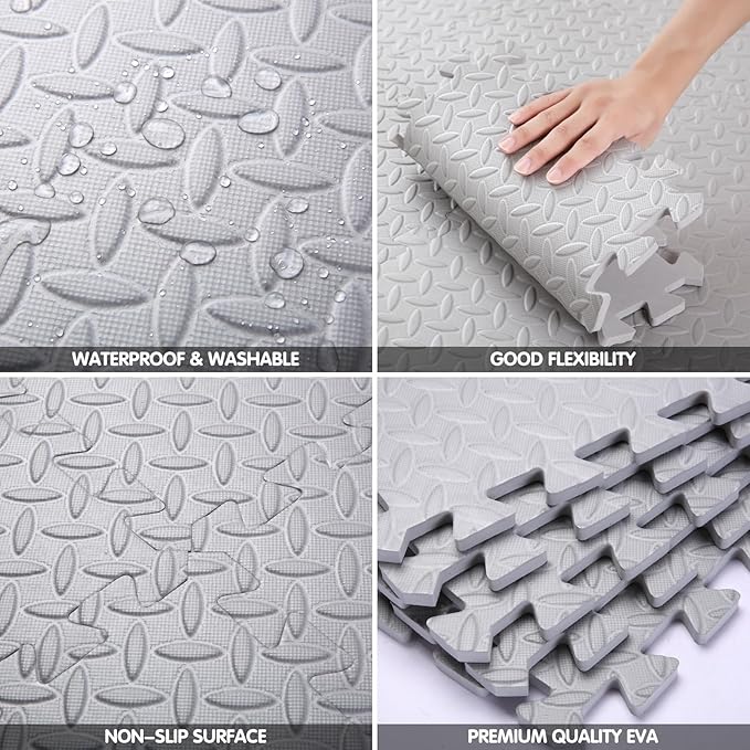 Coolcandy EVA Foam Play Mat, 16 Tiles Colorful Baby Play Mat, Square Kids Playmat with Solid Colored, 0.4" Thickened Interlocking Foam Floor Tiles, Puzzle Play Mat for Baby Exercise, Playing (Gray)