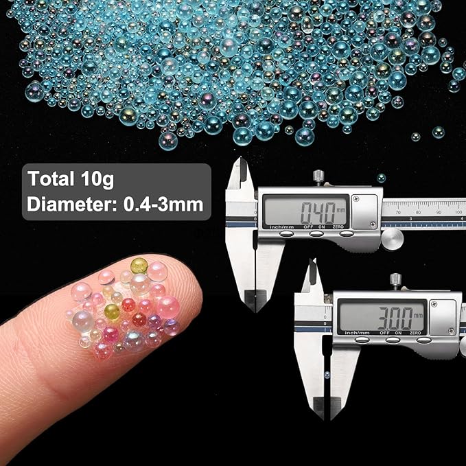 Iridescent Glass Tiny Bubble Beads, 0.4-3mm 10g No Hole Micro Mini Round Lake Blue Water Droplets Beads - Applications: for Resin Filler, Nail Art, Dollhouse Bath Tub