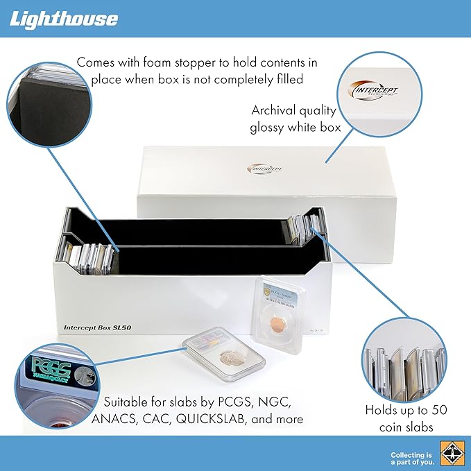 LIGHTHOUSE - Storage Box SL 50 for 50 Coin Slabs Including PCGS, NGC, ANACS with INTERCEPT TECHNOLOGY Corrosion Protection (12 5/8" x 6" x 3 7/8")