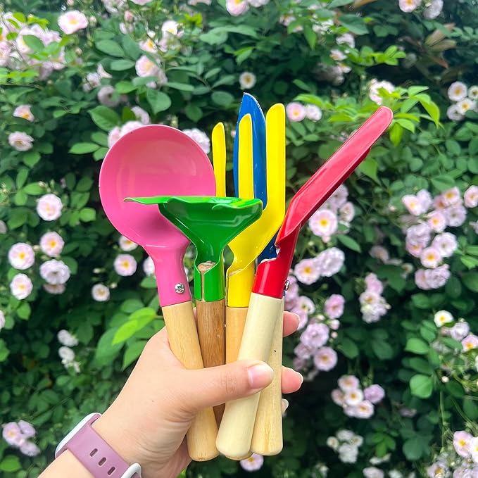 Kids Gardening Tools Set, 5PCS Gardening Tools for Kids Metal with Sturdy Wooden Handle Safe Gardening Tools 8" Children Beach Sandbox Toy