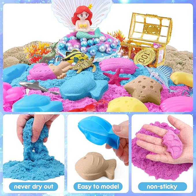 G.C Sensory Bin for Girl Kid Toy, Play Sand Art Kit 108pcs with Sandbox, 2lb Color Sand, 6 Castle Molds, Tactile Sensory Toy Christmas Birthday Gift for Girl Toddler Ages 3 4 5 6 7 8 (Mermaid)