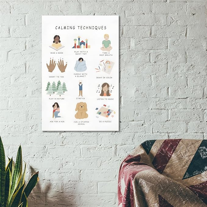 Feelings Calming Techniques Canvas Wall Art Calming Corner Classroom Mental health Posters Boho Emotions Chart for Kids Prints Special Education Wall Decor for Office School 24x36in Framed
