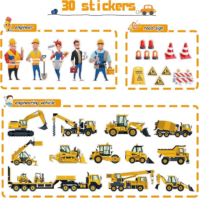Oriate 28pcs Construction Toys for Kids, 12pcs Mini Diecast Construction Vehicles Toy with Flatbed Transport Trailer, Educational Digger Excavator Bulldozer Forklift Trucks Cake Topper Stickers
